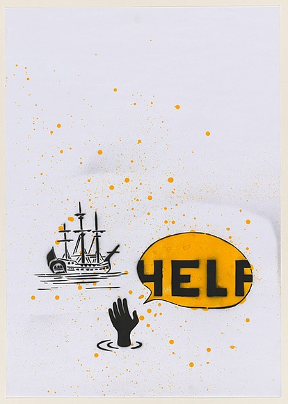 Artist: b'CIVIL,' | Title: b'Not titled (help).' | Date: 2003 | Technique: b'stencil, printed in black ink, from one stencil; handcoloured with yellow paint' Artist: b'CIVIL,' | Title: b'Not titled (help).' | Date: 2003 | Technique: b'stencil, printed in black ink, from one stencil; handcoloured with yellow paint'