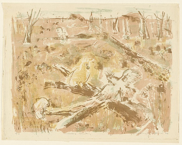 Artist: b'MACQUEEN, Mary' | Title: b'Cockatoo country' | Date: 1964 | Technique: b'lithograph, printed in colour, from multiple plates' | Copyright: b'Courtesy Paulette Calhoun, for the estate of Mary Macqueen' Artist: b'MACQUEEN, Mary' | Title: b'Cockatoo country' | Date: 1964 | Technique: b'lithograph, printed in colour, from multiple plates' | Copyright: b'Courtesy Paulette Calhoun, for the estate of Mary Macqueen'