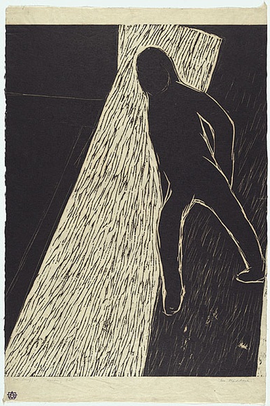 Artist: b'MADDOCK, Bea' | Title: b'Walking out' | Date: July - August 1965 | Technique: b'woodcut, printed in black ink by hand-burnishing, from one composition board (masonite) block' Artist: b'MADDOCK, Bea' | Title: b'Walking out' | Date: July - August 1965 | Technique: b'woodcut, printed in black ink by hand-burnishing, from one composition board (masonite) block'