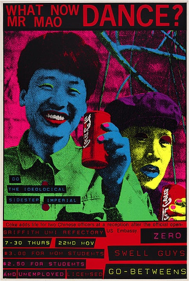 Artist: b'Queensland Film and Drama Centre.' | Title: b'What now Mr Mao, dance?.' | Date: 1979 | Technique: b'screenprint, printed in colour, from five stencils' | Copyright: b'\xc2\xa9 Michael Callaghan' Artist: b'Queensland Film and Drama Centre.' | Title: b'What now Mr Mao, dance?.' | Date: 1979 | Technique: b'screenprint, printed in colour, from five stencils' | Copyright: b'\xc2\xa9 Michael Callaghan'