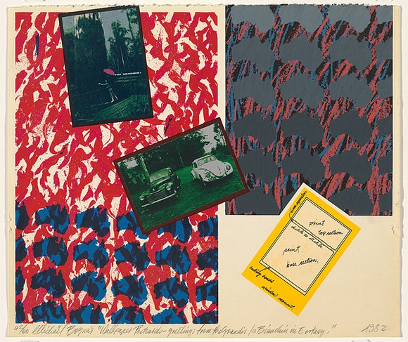 Artist: b'Bognar, Michael.' | Title: b'Wallpaper postcard - A greetings from the Grandis! A Bianchin in Ecstasy.' | Date: 1982 | Technique: b'screenprint, printed in colour, from 12 stencils' Artist: b'Bognar, Michael.' | Title: b'Wallpaper postcard - A greetings from the Grandis! A Bianchin in Ecstasy.' | Date: 1982 | Technique: b'screenprint, printed in colour, from 12 stencils'