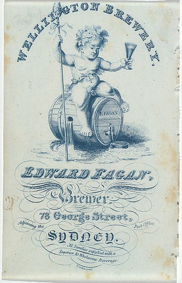 Artist: b'Moffitt, William.' | Title: b'Advertisement: Wellington Brewery, Edward Fagan, Brewer.' | Date: 1834 | Technique: b'engraving, printed in blue ink, from one copper plate' Artist: b'Moffitt, William.' | Title: b'Advertisement: Wellington Brewery, Edward Fagan, Brewer.' | Date: 1834 | Technique: b'engraving, printed in blue ink, from one copper plate'