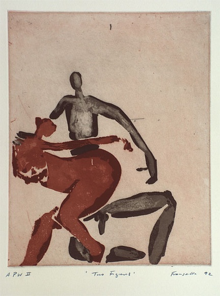 Artist: b'Fransella, Graham.' | Title: b'Two figures' | Date: 1992 | Technique: b'aquatint, printed in colour, from two plates' | Copyright: b'Courtesy of the artist' Artist: b'Fransella, Graham.' | Title: b'Two figures' | Date: 1992 | Technique: b'aquatint, printed in colour, from two plates' | Copyright: b'Courtesy of the artist'