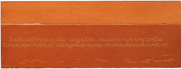 Artist: b'MADDOCK, Bea' | Title: b'Terra Spiritus...with a darker shade of pale' | Date: 1993-98 | Technique: b'stencil print, printed in hand-ground Launceston ochre from multiple hand-cut mylar stencils; letterpress text blind printed; hand-drawn script' Artist: b'MADDOCK, Bea' | Title: b'Terra Spiritus...with a darker shade of pale' | Date: 1993-98 | Technique: b'stencil print, printed in hand-ground Launceston ochre from multiple hand-cut mylar stencils; letterpress text blind printed; hand-drawn script'