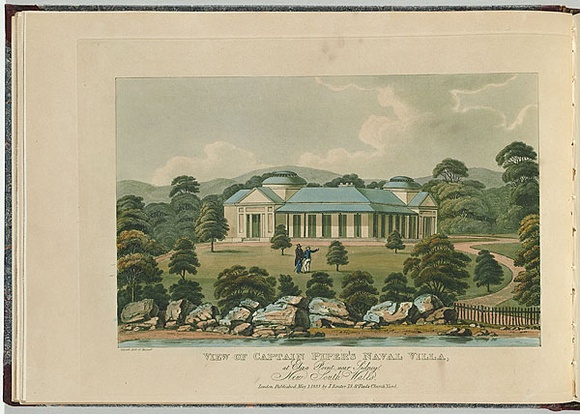 Artist: b'Lycett, Joseph.' | Title: bView of Captain Piper's Naval Villa, at Eliza Point near Sydney, New South Wales. | Date: 1825 | Technique: b'etching and aquatint, printed in black ink, from one copper plate; hand-coloured'