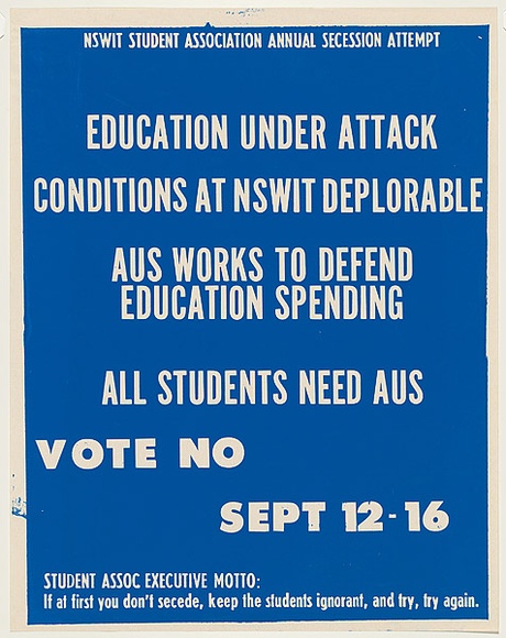 Artist: b'UNKNOWN' | Title: b'Education under attack...All students need A.U.S.' | Date: 1978 | Technique: b'screenprint, printed in blue ink, from one stencil' Artist: b'UNKNOWN' | Title: b'Education under attack...All students need A.U.S.' | Date: 1978 | Technique: b'screenprint, printed in blue ink, from one stencil'