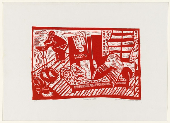 Artist: b'HANRAHAN, Barbara' | Title: b'Running wild' | Date: 1964 | Technique: b'linocut, printed in red ink, from one block' Artist: b'HANRAHAN, Barbara' | Title: b'Running wild' | Date: 1964 | Technique: b'linocut, printed in red ink, from one block'
