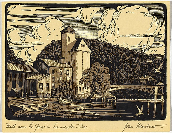 Artist: b'Eldershaw, John.' | Title: b'Mill near the Gorge in Launceston.' | Date: c.1930 | Technique: b'wood-engraving, printed in colour, from multiple blocks' Artist: b'Eldershaw, John.' | Title: b'Mill near the Gorge in Launceston.' | Date: c.1930 | Technique: b'wood-engraving, printed in colour, from multiple blocks'