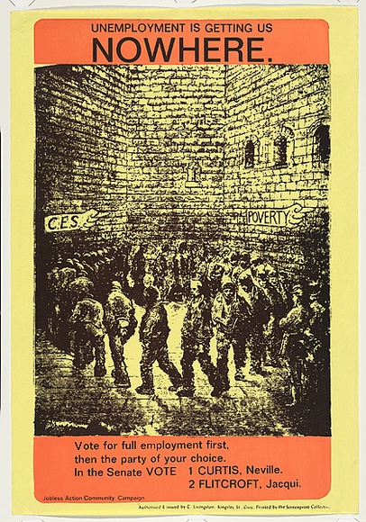 Artist: b'LITTLE, Colin' | Title: b'Unemployment is getting us nowhere' | Date: 1980 | Technique: b'screenprint, printed in colour, from two stencils' Artist: b'LITTLE, Colin' | Title: b'Unemployment is getting us nowhere' | Date: 1980 | Technique: b'screenprint, printed in colour, from two stencils'