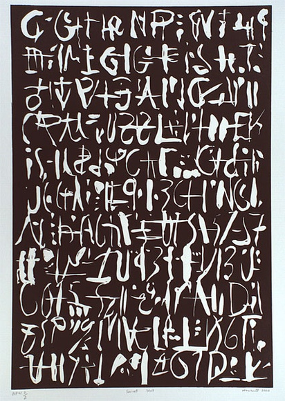 Artist: b'Marshall, John.' | Title: b'Secret text' | Date: 2000 | Technique: b'linocut, printed in black ink, from one block' Artist: b'Marshall, John.' | Title: b'Secret text' | Date: 2000 | Technique: b'linocut, printed in black ink, from one block'