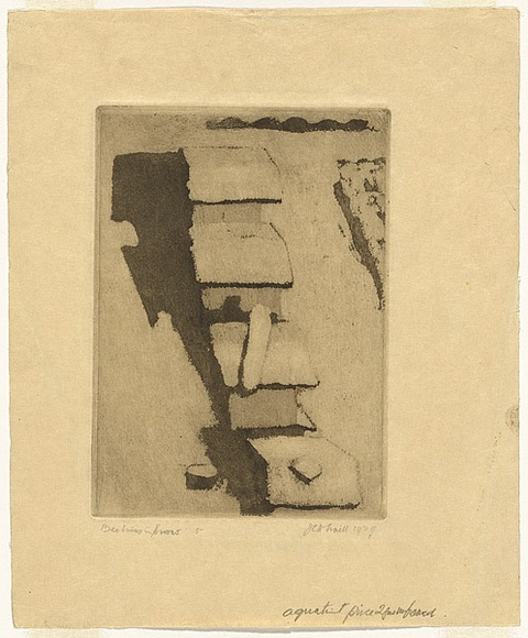 Artist: b'Traill, Jessie.' | Title: b'Beehives in the snow.' | Date: 1929 | Technique: b'etching, printed in warm black ink with plate-tone, from one plate' Artist: b'Traill, Jessie.' | Title: b'Beehives in the snow.' | Date: 1929 | Technique: b'etching, printed in warm black ink with plate-tone, from one plate'
