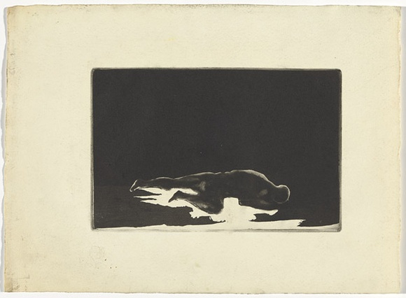 Artist: b'SELLBACH, Udo' | Title: b'(Figure and shadow sprawled on ground)' | Technique: b'etching, aquatint printed in black' Artist: b'SELLBACH, Udo' | Title: b'(Figure and shadow sprawled on ground)' | Technique: b'etching, aquatint printed in black'