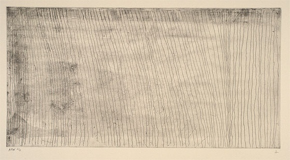 Artist: b'Kantilla, Kitty. (Kutuwalumi Purawarrumpatu).' | Title: b'not titled II [vertical fine lines]' | Date: 2001, February - March | Technique: b'etching, printed in black ink, from one plate' | Copyright: b'\xc2\xa9 Kitty Kantilla and Jilamara Arts + Craft'