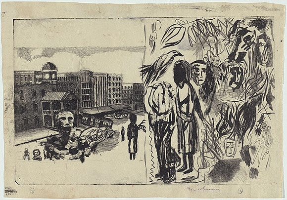 Artist: b'Whisson, Ken.' | Title: b'Evil city.' | Date: 1952-53 | Technique: b'lithograph, printed in black ink, from one zinc plate' Artist: b'Whisson, Ken.' | Title: b'Evil city.' | Date: 1952-53 | Technique: b'lithograph, printed in black ink, from one zinc plate'