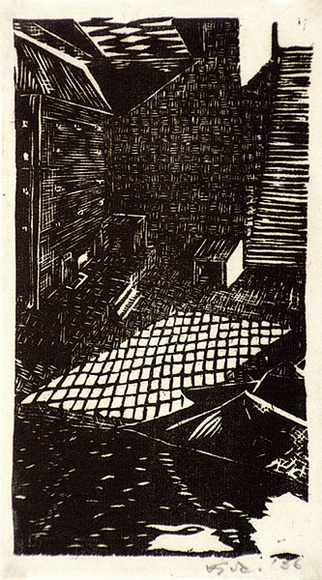 Artist: bO'Connor, Vic. | Title: b'The Bridge' | Date: c.1937 | Technique: b'linocut, printed in black ink, from one block' | Copyright: b'Reproduced with permission of the artist.' Artist: bO'Connor, Vic. | Title: b'The Bridge' | Date: c.1937 | Technique: b'linocut, printed in black ink, from one block' | Copyright: b'Reproduced with permission of the artist.'
