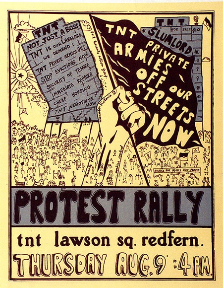 Artist: b'Hayes, Ray.' | Title: b'TNT private armies off our streets now...protest rally' | Date: 1979 | Technique: b'screenprint, printed in colour, from two stencils' Artist: b'Hayes, Ray.' | Title: b'TNT private armies off our streets now...protest rally' | Date: 1979 | Technique: b'screenprint, printed in colour, from two stencils'