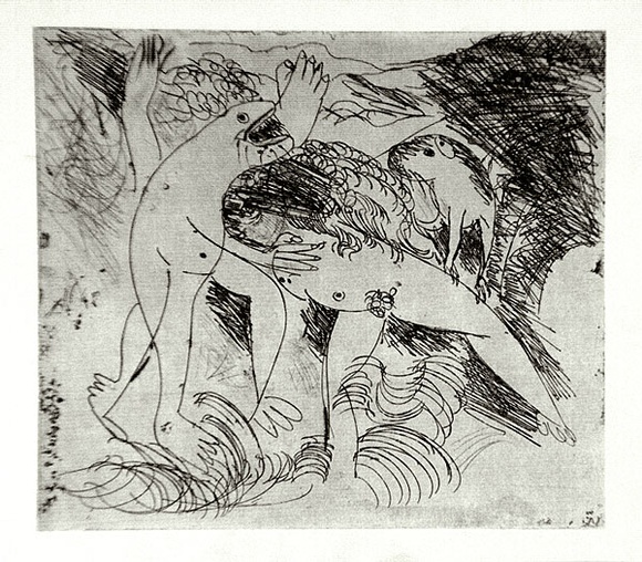 Artist: b'BOYD, Arthur' | Title: b'Figure in a river with beast and dog.' | Date: (1962-63) | Technique: b'etching and drypoint, printed in black ink, from one plate' | Copyright: b'Reproduced with permission of Bundanon Trust' Artist: b'BOYD, Arthur' | Title: b'Figure in a river with beast and dog.' | Date: (1962-63) | Technique: b'etching and drypoint, printed in black ink, from one plate' | Copyright: b'Reproduced with permission of Bundanon Trust'