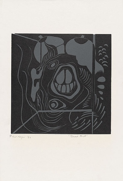 Artist: b'MEYER, Bill' | Title: b'Breast fright' | Date: 1969 | Technique: b'linocut, printed in two colours, from reduction block process' | Copyright: b'\xc2\xa9 Bill Meyer' Artist: b'MEYER, Bill' | Title: b'Breast fright' | Date: 1969 | Technique: b'linocut, printed in two colours, from reduction block process' | Copyright: b'\xc2\xa9 Bill Meyer'