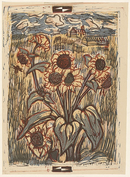 Artist: b'MACQUEEN, Mary' | Title: b'Summer landscape' | Date: c.1958 | Technique: b'linocut, printed in colour, from mutliple blocks' | Copyright: b'Courtesy Paulette Calhoun, for the estate of Mary Macqueen' Artist: b'MACQUEEN, Mary' | Title: b'Summer landscape' | Date: c.1958 | Technique: b'linocut, printed in colour, from mutliple blocks' | Copyright: b'Courtesy Paulette Calhoun, for the estate of Mary Macqueen'