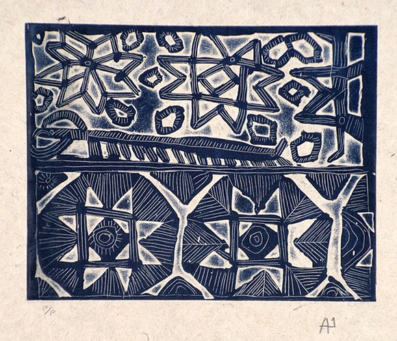 Artist: b'Wahdu Saietow.' | Title: b'Spirit design no.1' | Date: 1991 | Technique: b'relief-etching, printed in black ink, from one plate' Artist: b'Wahdu Saietow.' | Title: b'Spirit design no.1' | Date: 1991 | Technique: b'relief-etching, printed in black ink, from one plate'