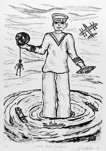 Artist: b'Fullerton, Greg.' | Title: b'H.M.A.S Atlas (War toy I).' | Date: 1991 | Technique: b'lithograph, printed in black ink, from one stone' | Copyright: b'This work is reproducted with permission of the artist.' Artist: b'Fullerton, Greg.' | Title: b'H.M.A.S Atlas (War toy I).' | Date: 1991 | Technique: b'lithograph, printed in black ink, from one stone' | Copyright: b'This work is reproducted with permission of the artist.'