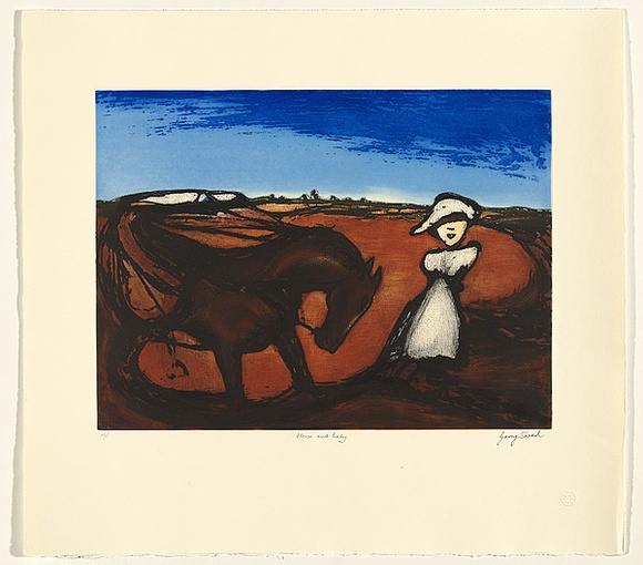 Artist: b'Shead, Garry.' | Title: b'Horse and lady' | Date: 2005, June | Technique: b'etching, printed in six colours, from four plates' | Copyright: b'\xc2\xa9 Garry Shead' Artist: b'Shead, Garry.' | Title: b'Horse and lady' | Date: 2005, June | Technique: b'etching, printed in six colours, from four plates' | Copyright: b'\xc2\xa9 Garry Shead'