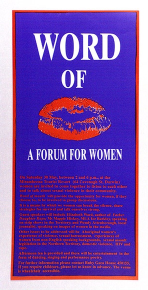 Artist: b'Green Ant Research Arts and Publishing.' | Title: b'Word of ... A Forum for Women' | Date: 1992 | Technique: b'offset-lithograph, printed in colour, from two process plates' Artist: b'Green Ant Research Arts and Publishing.' | Title: b'Word of ... A Forum for Women' | Date: 1992 | Technique: b'offset-lithograph, printed in colour, from two process plates'
