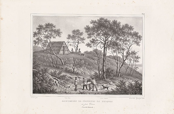 Artist: b'Sainson, Louis de.' | Title: b'Habitation de pecheurs de phoques au Port Western. (House of the seal fishermen, Western Port)' | Date: 1833 | Technique: b'lithograph, printed in black ink, from one stone' Artist: b'Sainson, Louis de.' | Title: b'Habitation de pecheurs de phoques au Port Western. (House of the seal fishermen, Western Port)' | Date: 1833 | Technique: b'lithograph, printed in black ink, from one stone'