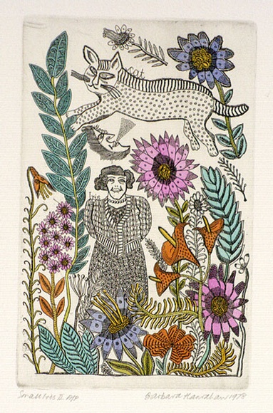 Artist: b'HANRAHAN, Barbara' | Title: b'Small Iris II' | Date: 1978 | Technique: b'etching, printed in black, with plate-tone, from one plate, hand-coloured' Artist: b'HANRAHAN, Barbara' | Title: b'Small Iris II' | Date: 1978 | Technique: b'etching, printed in black, with plate-tone, from one plate, hand-coloured'