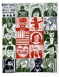 Artist: HANRAHAN, Barbara | Title: Buddy Holly and the Mods and Rockers | Date: 1965 | Technique: linocut, printed in colour from two blocks, each approx. 10.two cm each separately inked and place in a grid before printing