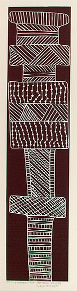 Artist: b'Puruntatameri, Mathew Freddy.' | Title: b'Pukumani pole' | Date: 1996, June | Technique: b'linocut, printed in black ink, from one block' Artist: b'Puruntatameri, Mathew Freddy.' | Title: b'Pukumani pole' | Date: 1996, June | Technique: b'linocut, printed in black ink, from one block'