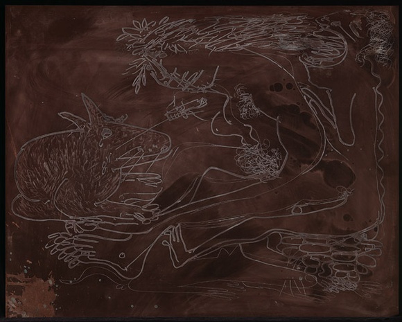 Artist: b'BOYD, Arthur' | Title: b'Plate 144: Nude with rabbit and syringe.' | Date: (1968-69) | Technique: b'etched plate' | Copyright: b'This work appears on screen courtesy of Bundanon Trust' Artist: b'BOYD, Arthur' | Title: b'Plate 144: Nude with rabbit and syringe.' | Date: (1968-69) | Technique: b'etched plate' | Copyright: b'This work appears on screen courtesy of Bundanon Trust'