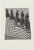 Artist: WALKER, Murray | Title: Five figures on sliding chairs. | Date: 1969 | Technique: linocut, printed in black ink, from one block
