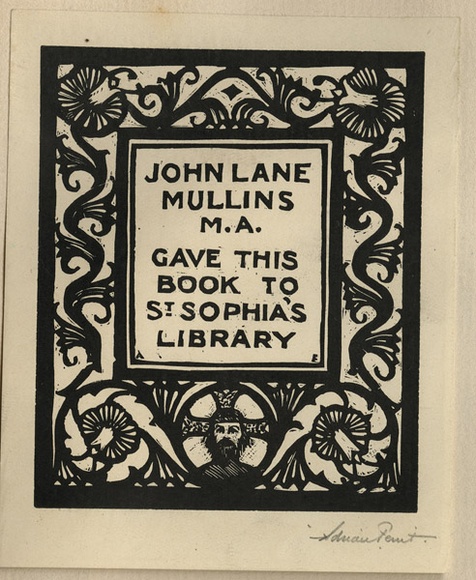 Artist: b'FEINT, Adrian' | Title: bBookplate: John Lane Mullins M.A. gave this book to St. Sophia's Library. | Date: (1926) | Technique: b'wood-engraving, printed in black ink, from one block' | Copyright: b'Courtesy the Estate of Adrian Feint' Artist: b'FEINT, Adrian' | Title: bBookplate: John Lane Mullins M.A. gave this book to St. Sophia's Library. | Date: (1926) | Technique: b'wood-engraving, printed in black ink, from one block' | Copyright: b'Courtesy the Estate of Adrian Feint'
