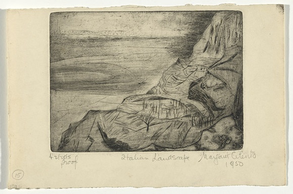 Artist: b'Cilento, Margaret.' | Title: b'Italian landscape.' | Date: 1950 | Technique: b'etching, aquatint, printed in black ink with plate-tone, from one plates,' Artist: b'Cilento, Margaret.' | Title: b'Italian landscape.' | Date: 1950 | Technique: b'etching, aquatint, printed in black ink with plate-tone, from one plates,'