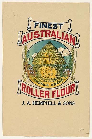 Title: not titled [finest Australian roller flour: haystack brand] | Date: c.1920s | Technique: relief print, printed in colour, from commercially produced stamps; addition of colour stencil