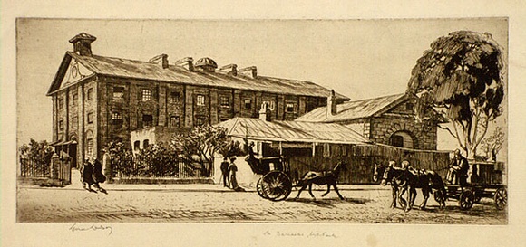 Artist: b'LINDSAY, Lionel' | Title: b'Old Barracks, Hyde Park' | Date: 1912 | Technique: b'etching and aquatint, printed in brown ink with plate-tone in brown ink, from one plate' | Copyright: b'Courtesy of the National Library of Australia' Artist: b'LINDSAY, Lionel' | Title: b'Old Barracks, Hyde Park' | Date: 1912 | Technique: b'etching and aquatint, printed in brown ink with plate-tone in brown ink, from one plate' | Copyright: b'Courtesy of the National Library of Australia'