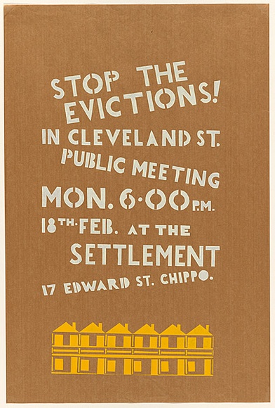Artist: b'Stewart, Jeff.' | Title: b'Stop the evictions! in Cleveland St. Public meeting...at the Settlement.' | Date: (1980) | Technique: b'screenprint, printed in colour, from two stencils' Artist: b'Stewart, Jeff.' | Title: b'Stop the evictions! in Cleveland St. Public meeting...at the Settlement.' | Date: (1980) | Technique: b'screenprint, printed in colour, from two stencils'