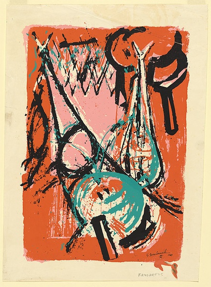 Artist: b'Grey-Smith, Guy' | Title: b'Kangaroos' | Date: 1969 | Technique: b'screenprint, printed in colour, from four stencils' Artist: b'Grey-Smith, Guy' | Title: b'Kangaroos' | Date: 1969 | Technique: b'screenprint, printed in colour, from four stencils'