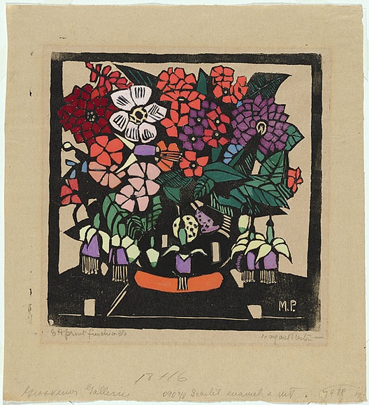 Artist: b'PRESTON, Margaret' | Title: b'Fuchsia' | Date: 1928 | Technique: b'woodcut, printed in black ink, from one block; hand-coloured' | Copyright: b'\xc2\xa9 Margaret Preston. Licensed by VISCOPY, Australia' Artist: b'PRESTON, Margaret' | Title: b'Fuchsia' | Date: 1928 | Technique: b'woodcut, printed in black ink, from one block; hand-coloured' | Copyright: b'\xc2\xa9 Margaret Preston. Licensed by VISCOPY, Australia'