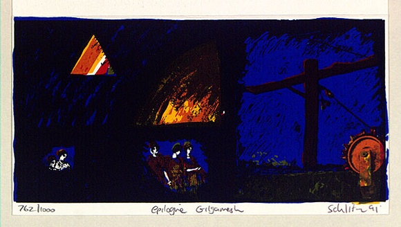Artist: b'Schlitz, Michael.' | Title: b'Greeting card: Christmas - Epilogue Gilgamesh' | Date: 1991 | Technique: b'screenprint, printed in colour, from multiple stencils' Artist: b'Schlitz, Michael.' | Title: b'Greeting card: Christmas - Epilogue Gilgamesh' | Date: 1991 | Technique: b'screenprint, printed in colour, from multiple stencils'