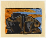 Artist: L'Estrange, Sally. | Title: Thunderbolt's rock. | Date: 1989 | Technique: woodcut, printed in black ink, from one block; gouache and pastel additions