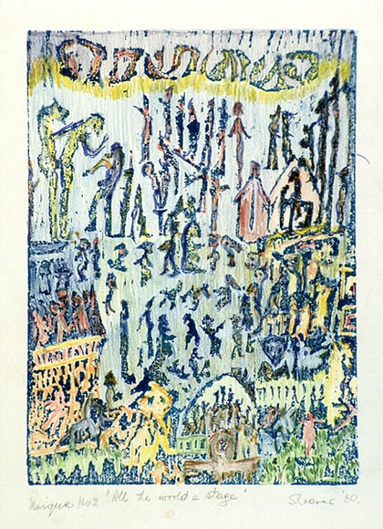 Artist: b'Shearer, Mitzi.' | Title: b'All the world a stage' | Date: 1980 | Technique: b'woodcut, printed in blue ink, from one block; hand-coloured' Artist: b'Shearer, Mitzi.' | Title: b'All the world a stage' | Date: 1980 | Technique: b'woodcut, printed in blue ink, from one block; hand-coloured'