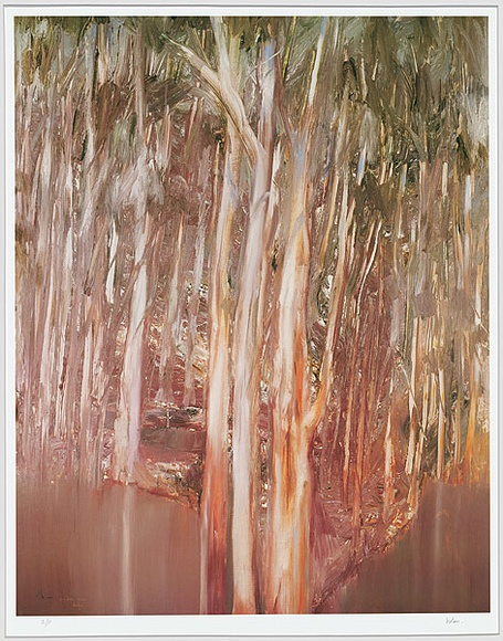 Artist: b'Nolan, Sidney.' | Title: b'(Trees by a reddish river - 29th Dec 1964).' | Technique: b'offset-lithograph, printed in black ink' Artist: b'Nolan, Sidney.' | Title: b'(Trees by a reddish river - 29th Dec 1964).' | Technique: b'offset-lithograph, printed in black ink'