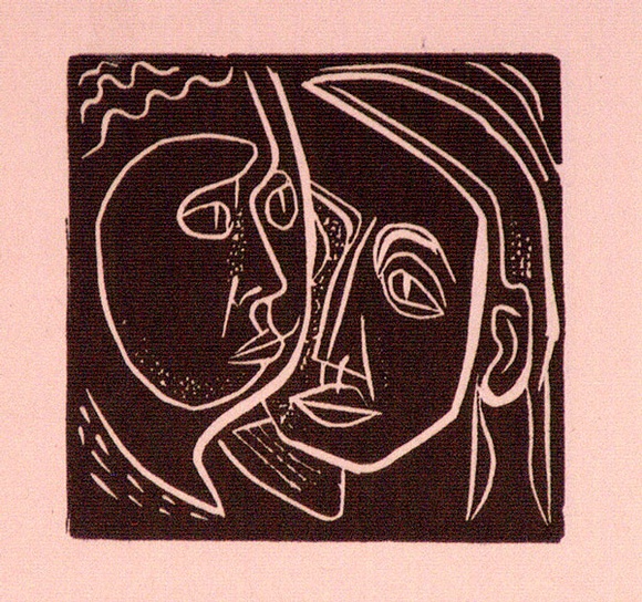 Artist: b'Barwell, Geoff.' | Title: b'(Two Heads).' | Date: (1955) | Technique: b'linocut, printed in black ink, from one block' Artist: b'Barwell, Geoff.' | Title: b'(Two Heads).' | Date: (1955) | Technique: b'linocut, printed in black ink, from one block'