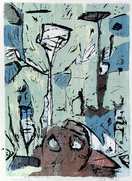 Artist: b'WICKS, Arthur' | Title: bLazarus won't lie down | Date: 1966 | Technique: b'screenprint, printed in colour, from multiple stencils' Artist: b'WICKS, Arthur' | Title: bLazarus won't lie down | Date: 1966 | Technique: b'screenprint, printed in colour, from multiple stencils'