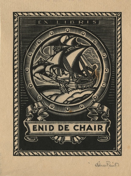 Artist: b'FEINT, Adrian' | Title: b'Bookplate: Enid de Chair.' | Date: (1930) | Technique: b'wood-engraving, printed in black ink, from one block' | Copyright: b'Courtesy the Estate of Adrian Feint' Artist: b'FEINT, Adrian' | Title: b'Bookplate: Enid de Chair.' | Date: (1930) | Technique: b'wood-engraving, printed in black ink, from one block' | Copyright: b'Courtesy the Estate of Adrian Feint'