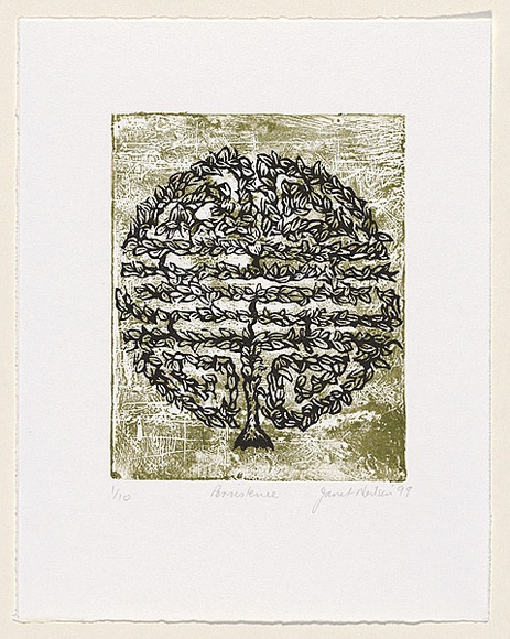 Artist: b'Neilson, Janet.' | Title: b'Persistence' | Date: 1999 | Technique: b'Linocut, printed in black ink, from one plate, over gesso collagraph, printed in green ink, from one plate' Artist: b'Neilson, Janet.' | Title: b'Persistence' | Date: 1999 | Technique: b'Linocut, printed in black ink, from one plate, over gesso collagraph, printed in green ink, from one plate'
