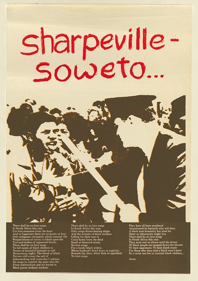 Artist: b'MACKINOLTY, Chips' | Title: b'Sharpeville - Soweto ...' | Date: 1976 | Technique: b'screenprint, printed in colour, from three stencils' Artist: b'MACKINOLTY, Chips' | Title: b'Sharpeville - Soweto ...' | Date: 1976 | Technique: b'screenprint, printed in colour, from three stencils'