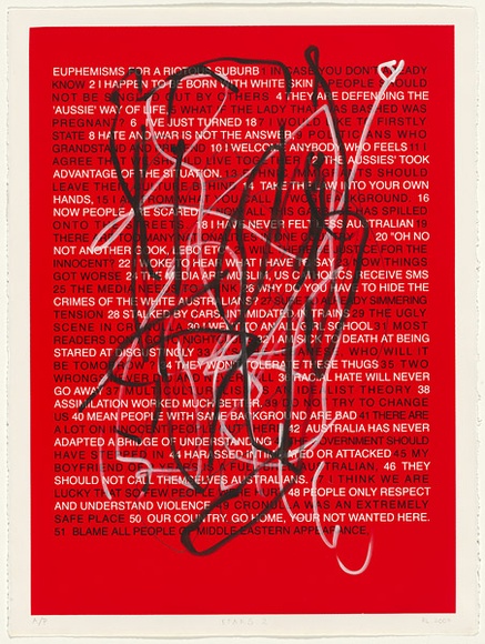 Artist: b'Lewis, Ruark.' | Title: b'Euphemisms for a riotous suburb 2' | Date: c.2007 | Technique: b'screenprint, printed in colour, from multiple photo-stencils; additions in gouache and graphite' Artist: b'Lewis, Ruark.' | Title: b'Euphemisms for a riotous suburb 2' | Date: c.2007 | Technique: b'screenprint, printed in colour, from multiple photo-stencils; additions in gouache and graphite'
